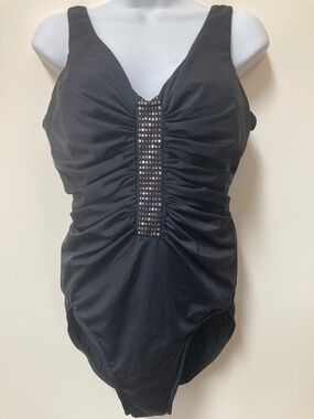 Black Bathing Suit with Front Embellishment, Size L